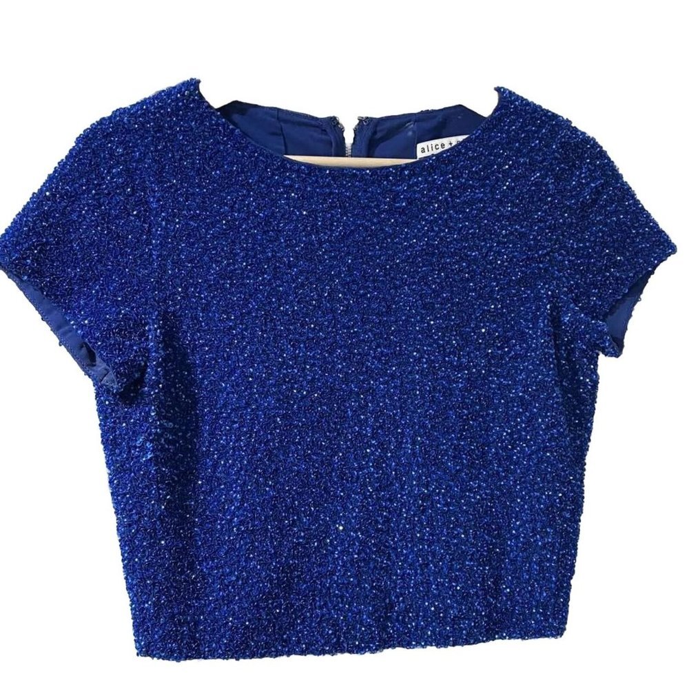 Alice + Olivia Sarita Sequin Glitter Embellished Silk Chiffon Blouse Top Blue,8